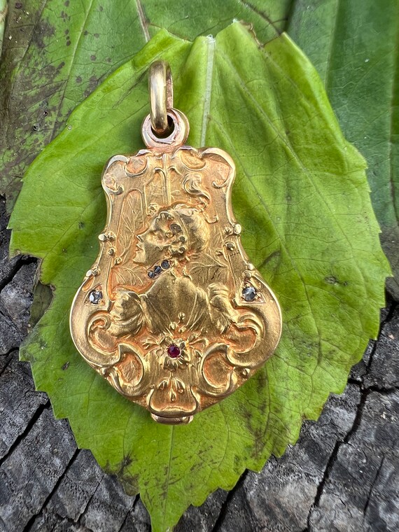 Art Nouveau Locket, Antique Locket, Gold Lady Pen… - image 6
