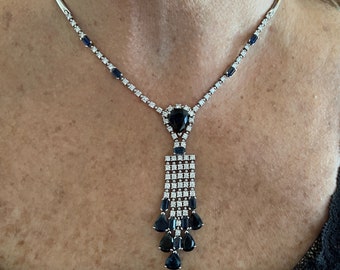 Sapphire Necklace, Sapphire Fringe Pendant, Diamond Pendant