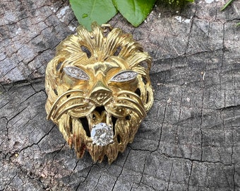 Gold Lion Pin, Diamond Lion, Gold Lion Brooch, Gold Lion Pendant