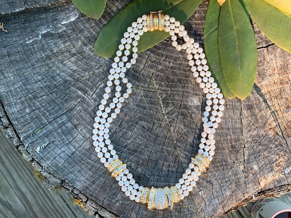 Gold Pearl Choker, Diamond and Pearl Pendant, Pea… - image 2