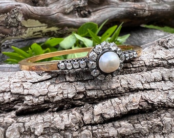 Gold Victorian Bangle, Vintage Diamond Bangle, Gold Diamond Bangle, Antique Pearl Bangle