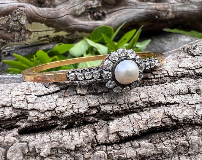 Gold Victorian Bangle, Vintage Diamond Bangle, Gold Diamond Bangle, Antique Pearl Bangle