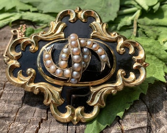 Victorian Enamel Brooch, Victorian Pearl Brooch, Victorian Mourning Pin, Mourning Jewelry