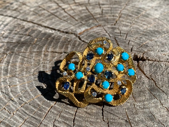 18k Yellow Turquoise Brooch, Gold and Sapphire Bro