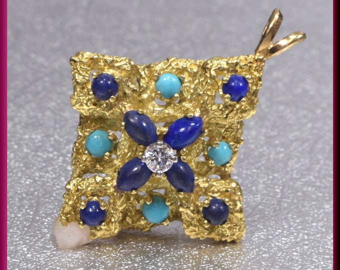 18k Yellow Gold Pendant, Gold and Lapis Pendant, Turquoise Pendant, Lapis Pendant, Diamond Pendant, Brooch Bouquet, Bridal Brooch