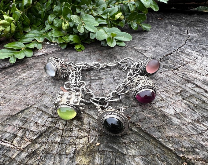 Silver Multi Stone Charm Bracelet, Large Charm Bracelet, Multi Gem Charm Bracelet