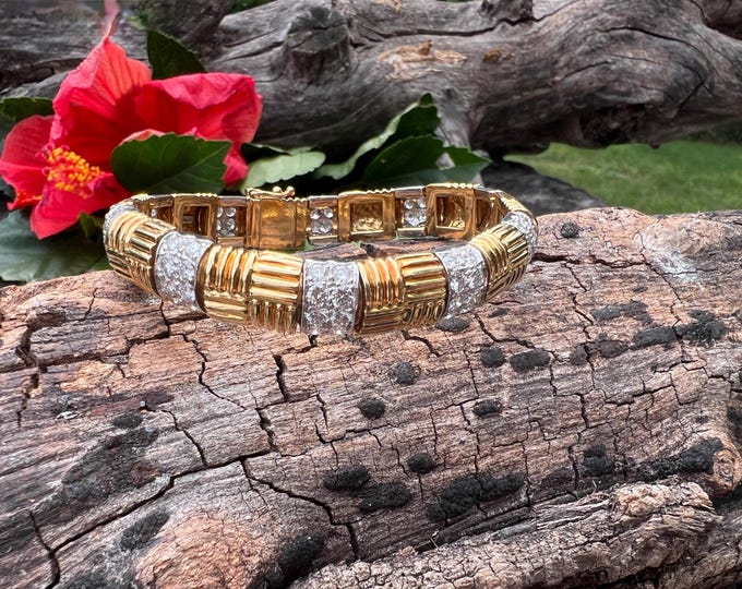18k Gold and Diamond Bracelet, Chunky Gold Bracelet, Gold and Diamond Bracelet