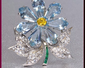 Art Deco Brooch, Platinum Flower Brooch, Aquamarine Brooch, Diamond Brooch,Flower Brooch, Art Deco Flower Pin, Bridal Brooch, Brooch Bouquet