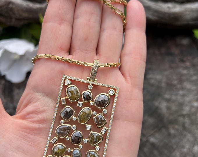 14k Yellow Gold Earth Tone Diamond Pendant Necklace - Vintage 1990s