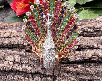 Peacock Brooch, Diamond Peacock Pin, Bird Brooch, Gold Peacock Pin, Ruby Peacock Brooch