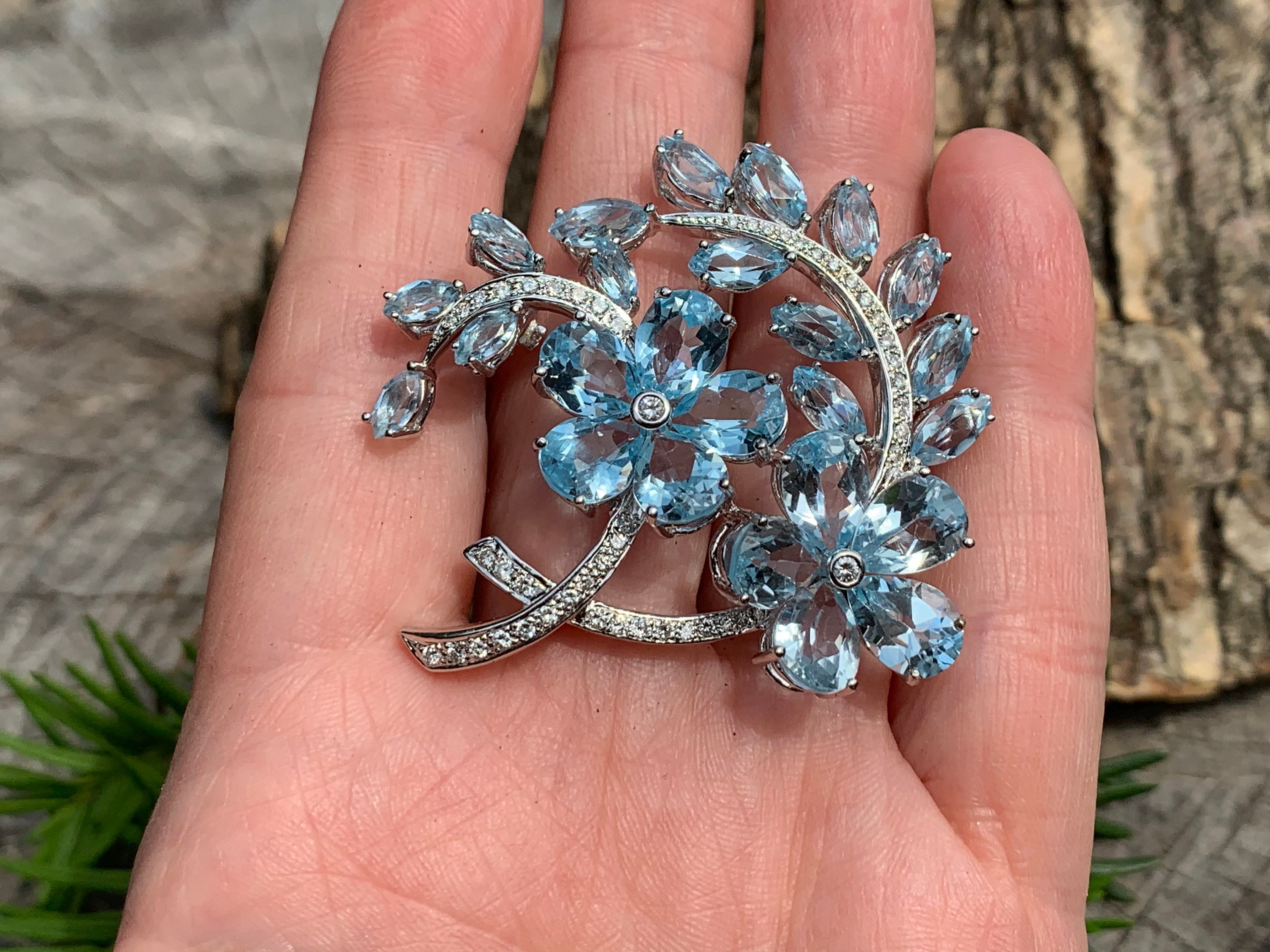 Blue Topaz Brooch, Topaz Flower Brooch, Blue Topaz Earring Blue Topaz Brooch, Topaz Flower Brooch, Blue Topaz Earring