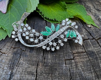 Emerald Spray Brooch, Emerald and Diamond Brooch, Diamond Spray Pin
