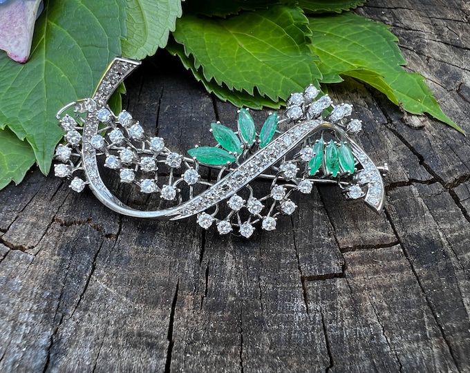 Emerald Spray Brooch, Emerald and Diamond Brooch, Diamond Spray Pin