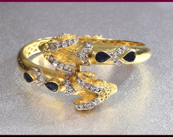 18k Gold Ram Head Bangle: Diamond & Sapphire Cuff Bracelet