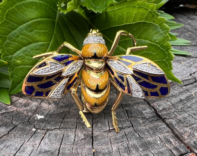 Gold Wasp Brooch, Enamel Wasp Pin, Diamond Wasp Brooch