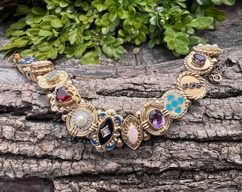 Gold Slide Bracelet, Multi Stone Charm Bracelet, Yellow Gold Charm Bracelet