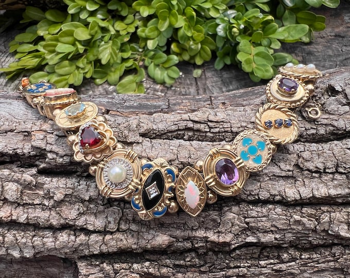 Gold Slide Bracelet, Multi Stone Charm Bracelet, Yellow Gold Charm Bracelet