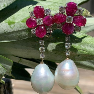 Vintage Diamond and Cabochon Ruby Earring, Ruby Chandelier Earring, South Sea Pearl Earring, South Sea Pearl Earring, Diamond Drop Earrings