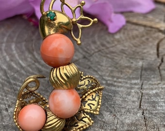 Gold and Coral Snail Brooch, Coral Snail Brooch, Coral Brooch, Snail Brooch