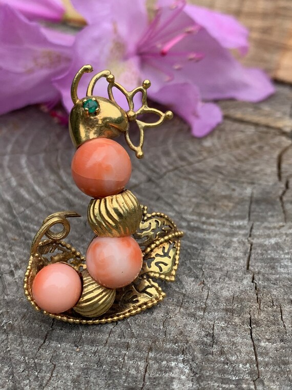 Gold and Coral Snail Brooch, Coral Snail Brooch, Coral Brooch, Snail Brooch