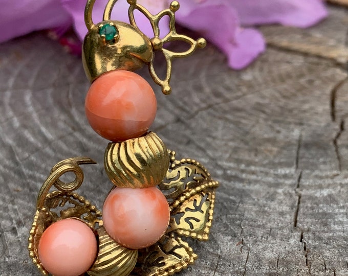 Gold and Coral Snail Brooch, Coral Snail Brooch, Coral Brooch, Snail Brooch