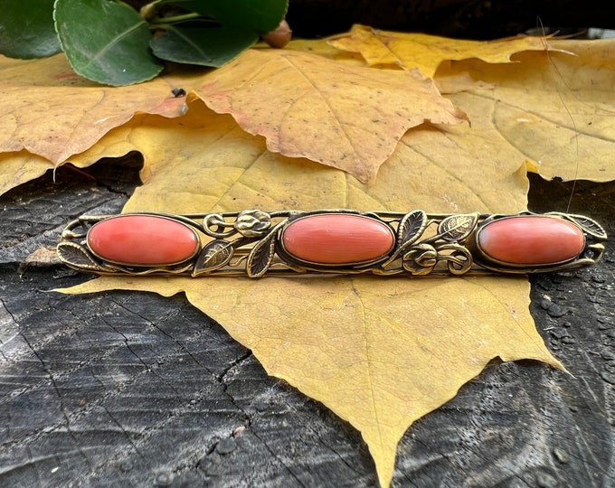 Victorian Coral Pin, Coral Bar Pin, Coral Cluster Pin, Coral Brooch