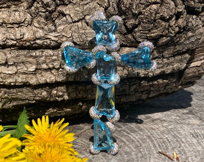 Blue Topaz  Cross, Diamond Cross, Topaz Cross, White Gold Cross, Large Cross