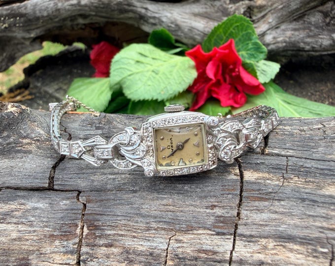 Art Deco Diamond Omega 14k White Gold Watch: Antique 1920s Wristwatch