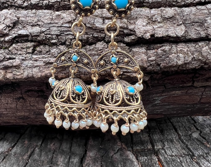 Yellow Gold Turquoise Earrings, Turquoise Dangle Earrings,  Gold Fringe Earrings, Turquoise  Earrings, Pearl Dangle Earrings