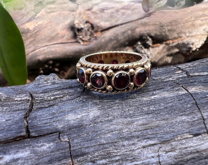 14k Yellow Gold Garnet Band: Etruscan Style Wedding Ring