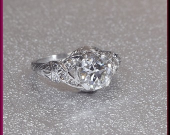 Art Deco Diamond Engagement Ring Antique Diamond Engagement Ring with Old European Cut Diamond Platinum Wedding Ring Filigree Engagment