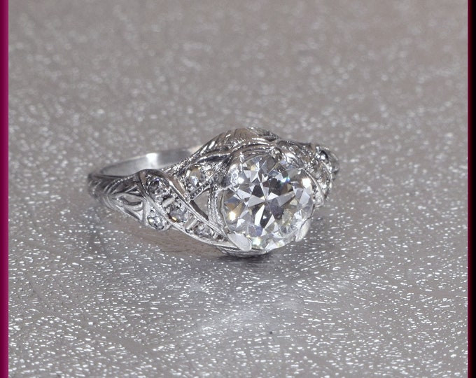 Art Deco Diamond Engagement Ring Antique Diamond Engagement Ring with Old European Cut Diamond Platinum Wedding Ring Filigree Engagment