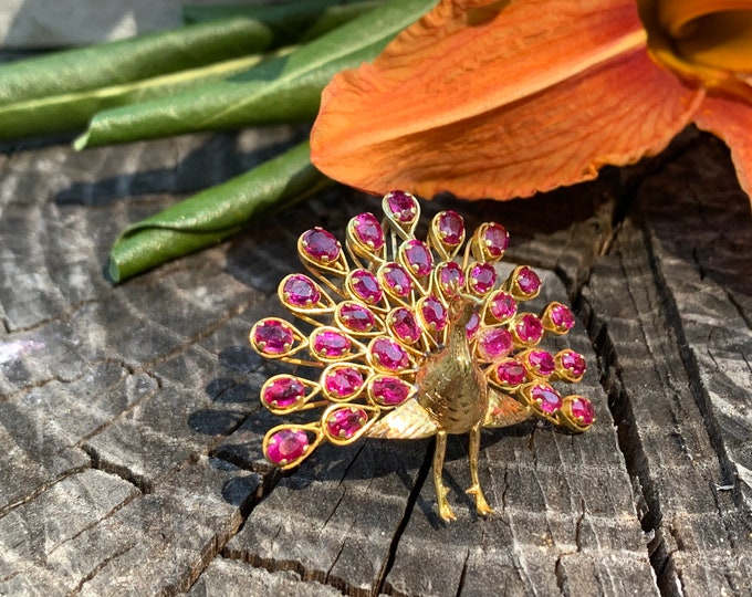 Peacock Brooch, Bird Brooch, Gold Peacock Pin, Ruby Peacock Brooch