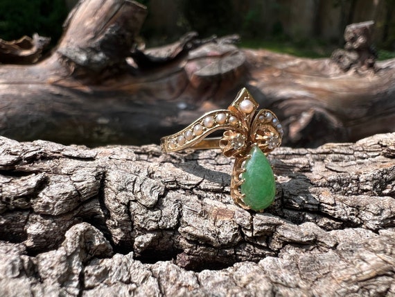 Jade and Pearl Ring, Jade Cocktail Ring, March Bi… - image 1