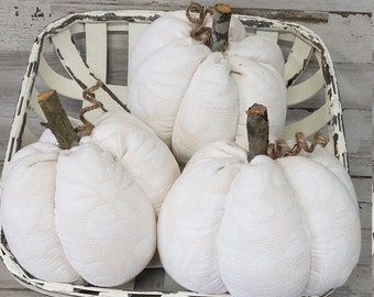 White Chenille Pumpkin Handmade, Rustic Fall Decorations Autumn Farmhouse Decor
