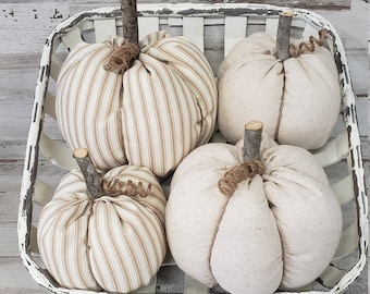 Linen Cloth Pumpkins, Neutral Pumpkins, Ticking Pumpkins, Handmade, Rustic Fall Decorations Autumn Farmhouse Decor, Neutral Farmhouse Decor