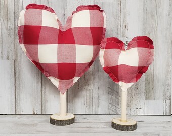 Set of 2 Red & Cream Plaid Stuffed Heart Decor / Valentine Mantel Decor / Rustic Valentine's / Farmhouse Valentine's Decor