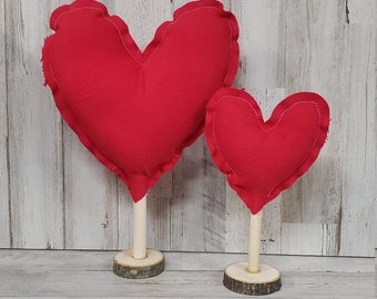 Set of 2 Red Flannel Stuffed Heart Decor / Valentine Mantel Decor / Rustic Valentine's / Farmhouse Valentine's Decor / Valentine Coffee Bar