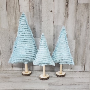 Blue Chenille Fabric Christmas Trees, Chenille Decor, Farmhouse Winter, Farmhouse Christmas Decor, Christmas Mantel, Winter Mantel Decor