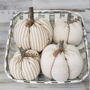 Linen Cloth Pumpkins, Neutral Pumpkins, Ticking Pumpkins, Handmade, Rustic Fall Decorations Autumn Farmhouse Decor, Neutral Farmhouse Decor