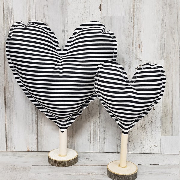 Set of 2 Black and White Stripe Stuffed Heart Decor / Valentine Mantel Decor / Rustic Valentine's / Farmhouse Valentine's Decor