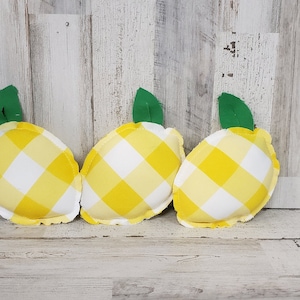 Yellow Plaid Fabric Lemons / Lemon Home Decor / Summer Decor / Lemon Tier Tray / Lemon Vignettes / Spring Lemon Decor / Plush Lemon
