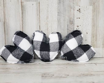 Black and White Flannel Buffalo Plaid  Stuffed Hearts - Rustic Valentine's Day vase and bowl fillers - Valentines day decor - Farmhouse