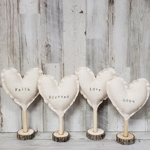 Hand Stamped Linen Cloth Fabric Heart on Wooden Stand / Valentine Bowl Filler Decor / Rustic Valentine's / Neutral Valentine's Decor