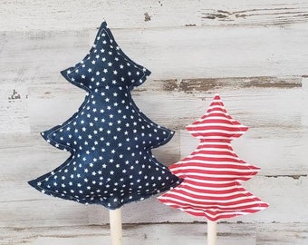 Farmhouse Patriotic Decor/ Fabric Trees / Independence Day Mantel /Independence Day Decor/ 4th July Tiered tray filler / Christmas In July