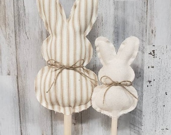 Easter Mantel / Fabric Bunnies / Linen Cloth Bunnies / Farmhouse Easter / Ticking Bunny / Easter Tier Tray / Neutral Easter Decor