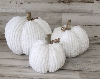 Set of 3 White Chenille Pumpkins Handmade, Rustic Fall Decorations Autumn Decor, White Pumpkins,White Fabric Pumpkins, Large White Pumpkins