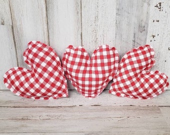 Red and White Plaid  Stuffed Hearts - Rustic Valentine's Day vase and bowl fillers - Valentines day decor - Farmhouse