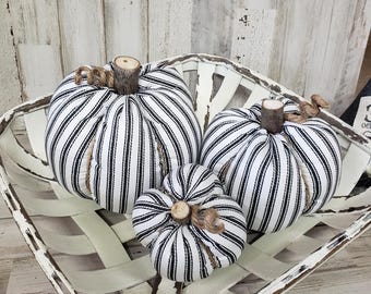 Farmhouse Ticking Pumpkins / Farmhouse Pumpkins / Ticking Stripe Pumpkins / Fall Decor / Fabric Pumpkins / Fall Tier Tray