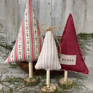 Set of 3 Fabric Christmas Trees, Ticking Christmas Tree , Farmhouse Christmas Decor, Red Ticking Christmas, Christmas Tier Tray